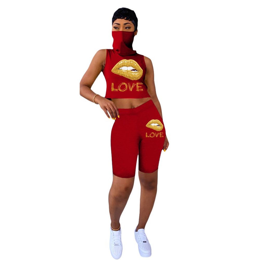 KL520RD Red Printed Lip Veil Top and Capri Legging